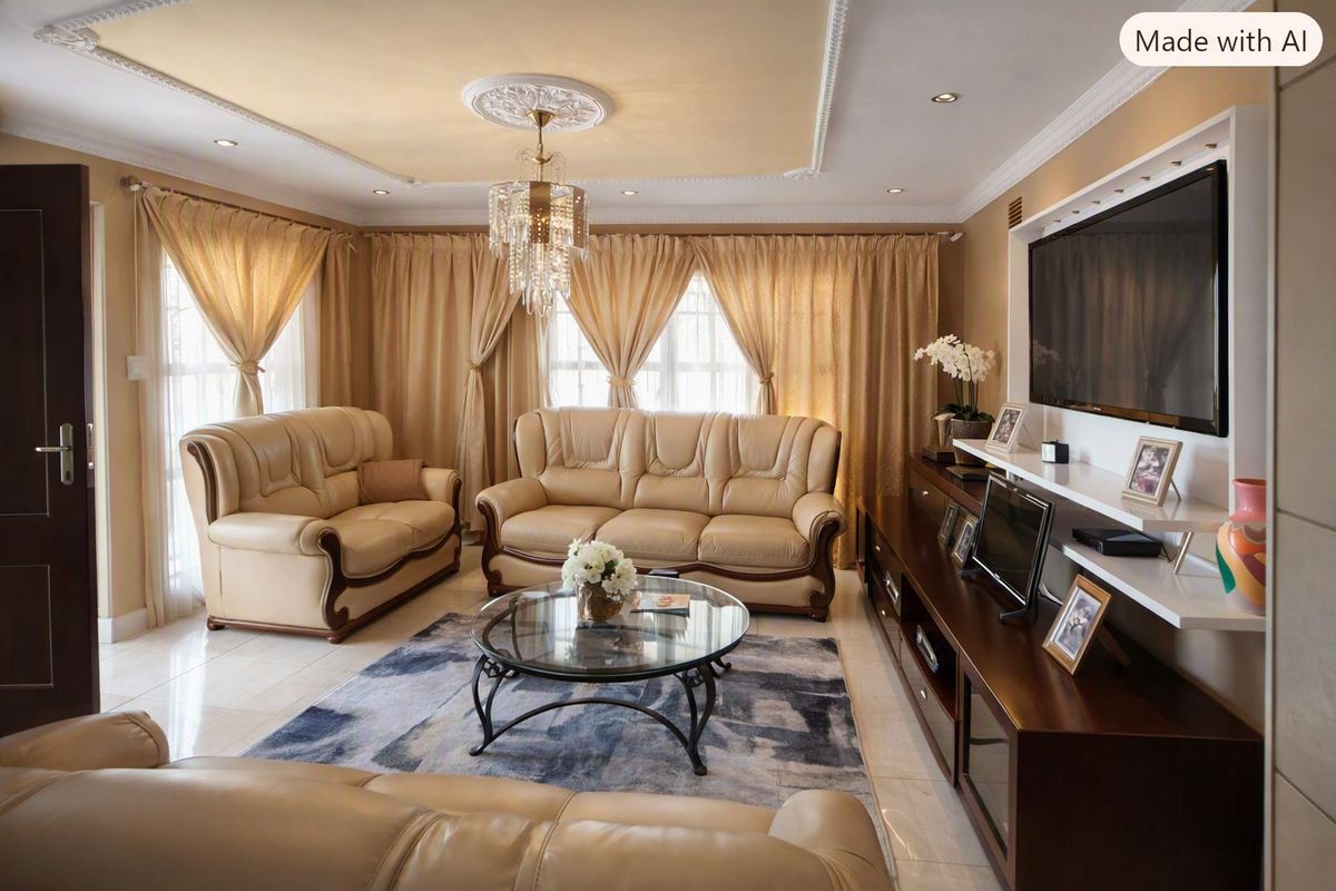 A well-maintained living room featuring tiled flooring, decorative crown molding, a central ceiling rose with a chandelier, and a built-in media console.