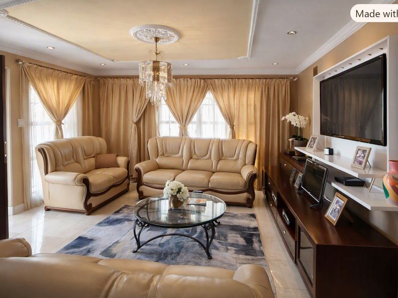 A well-maintained living room featuring tiled flooring, decorative crown molding, a central ceiling rose with a chandelier, and a built-in media console.