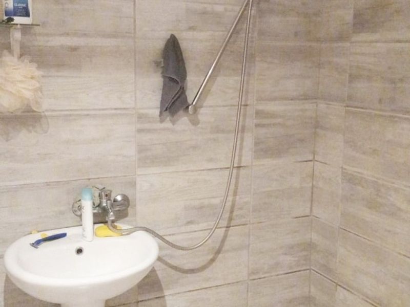 A compact bathroom featuring a pedestal basin and a wall-mounted handheld shower fixture with neutral ceramic tiling throughout.