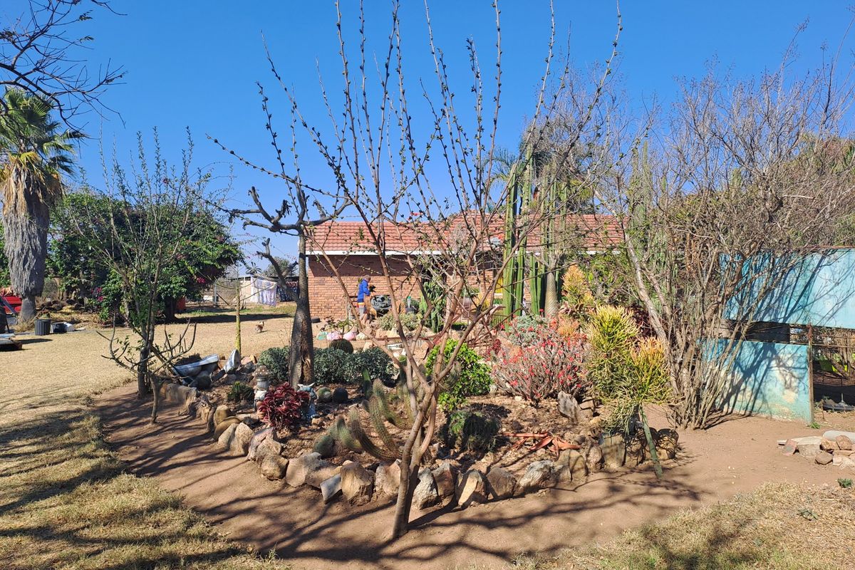 A landscaped garden area featuring a rock-bordered bed with various cacti and shrubs, set against a brick farm building with a tiled roof.