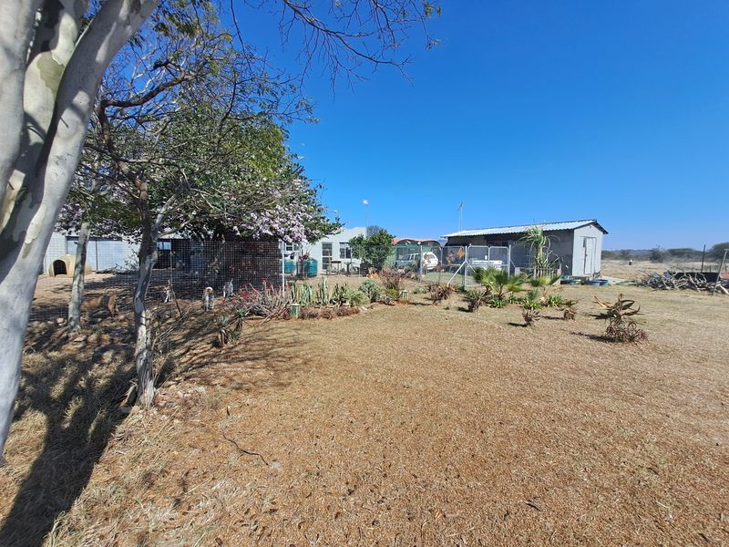 A spacious farm garden area featuring dry grass, mature trees, and functional wire mesh fencing surrounding outbuildings and storage structures.
