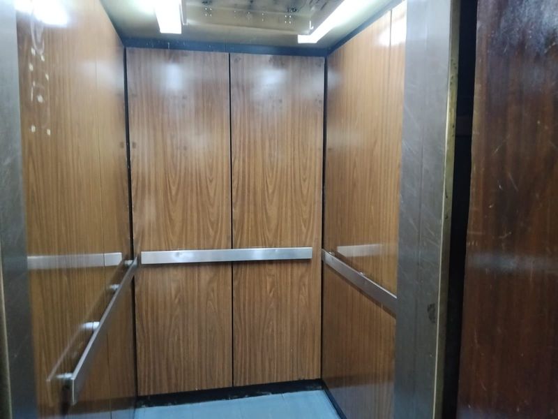 Interior view of an apartment building elevator featuring wood veneer wall paneling and stainless steel handrails.