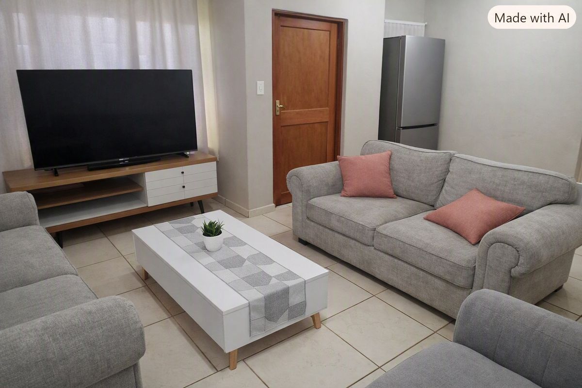 A comfortable living room featuring neutral tiled flooring and a solid wood door, providing a clean and functional space for relaxation.