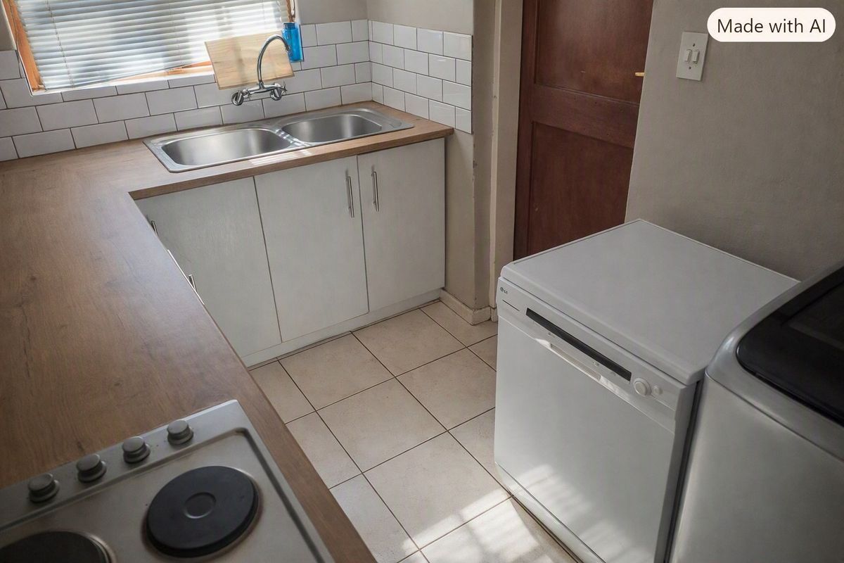 A functional kitchen featuring a double bowl sink, subway tile backsplash, laminate countertops, and a built-in hob with tiled flooring.