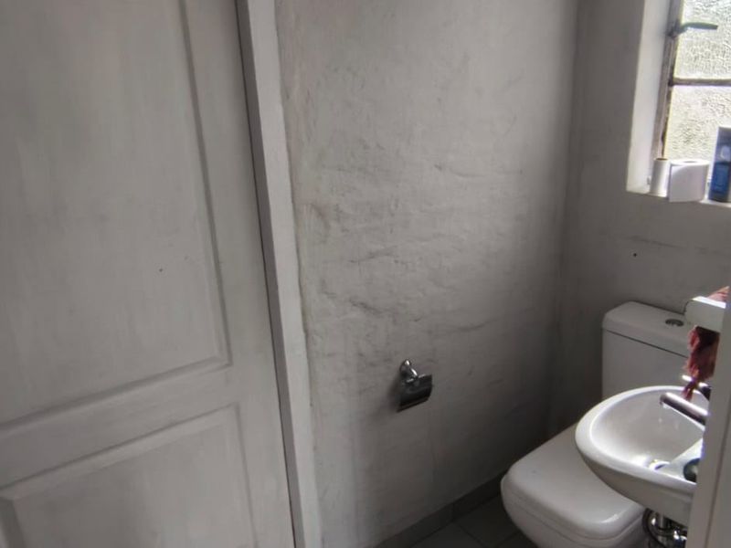 A compact bathroom featuring a pedestal basin, toilet, and textured wall finish, requiring cosmetic updates to improve its overall condition.