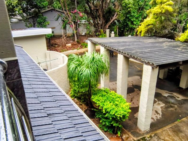 Elevated view of the rear exterior area featuring a covered carport, paved driveway, and established garden surroundings.