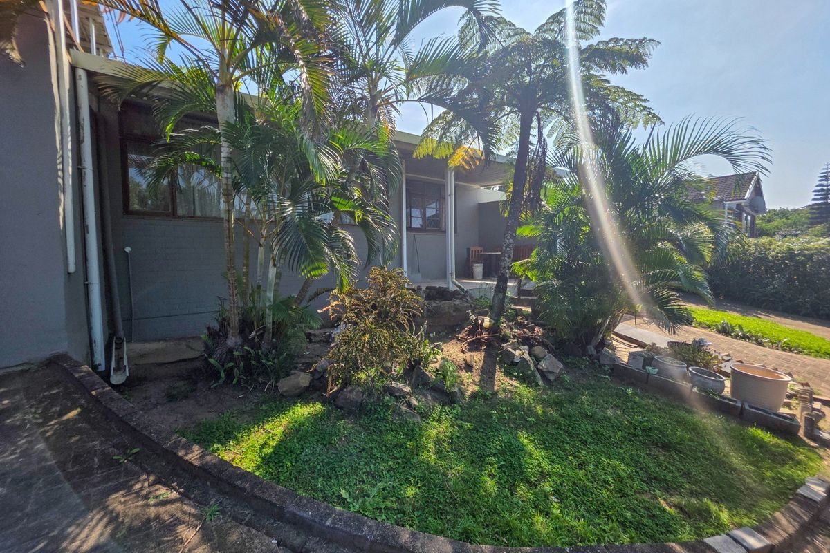 Rear exterior view of the property featuring a covered patio area, established garden with mature palms, and a paved walkway.
