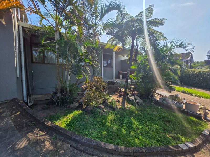 Rear exterior view of the property featuring a covered patio area, established garden with mature palms, and a paved walkway.