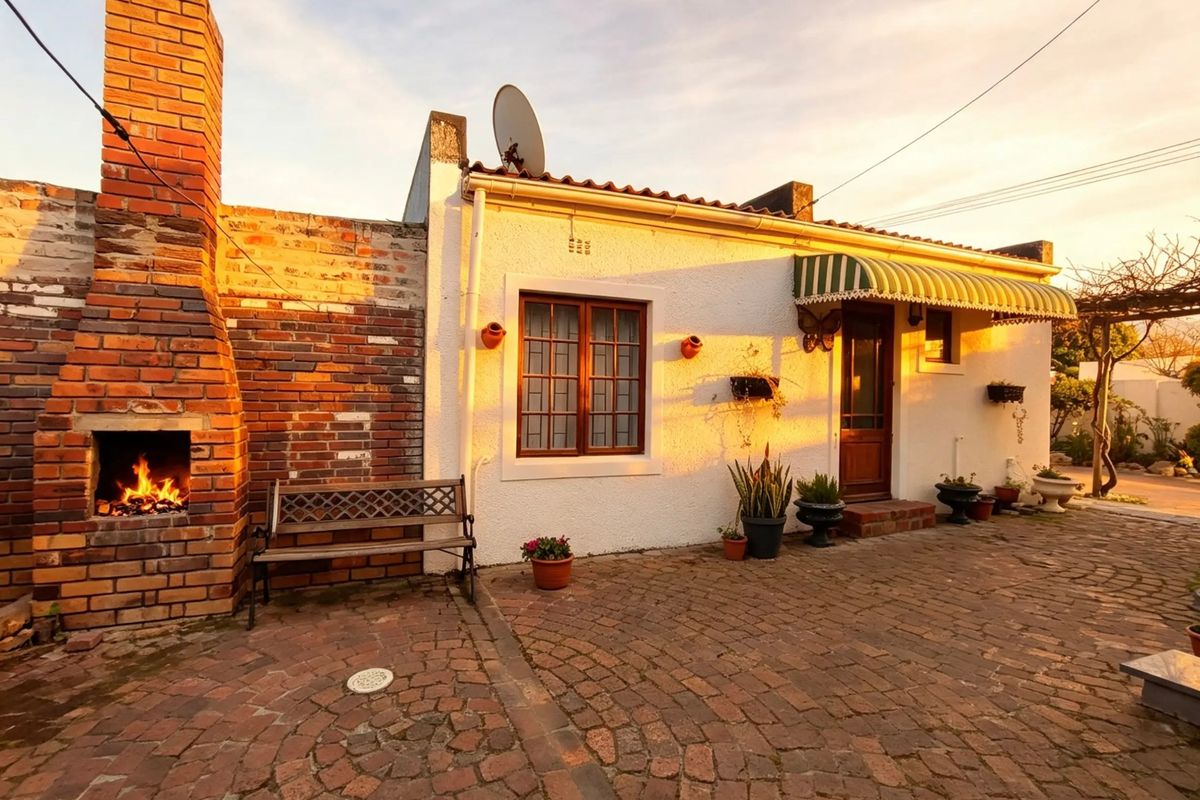Rear exterior view featuring a paved courtyard, a built-in brick fireplace, and a covered entrance area with a striped awning.