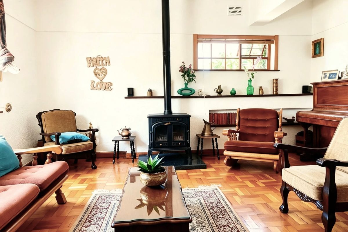 A cozy living room featuring classic parquet flooring and a prominent freestanding wood-burning fireplace as a central focal point.