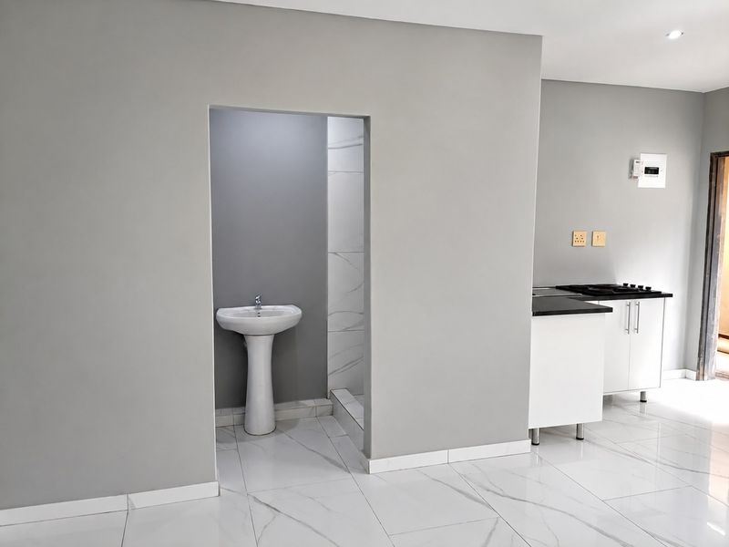 Open plan area featuring a modern pedestal basin in a tiled alcove and a compact kitchen section with built-in cabinetry and a black countertop.