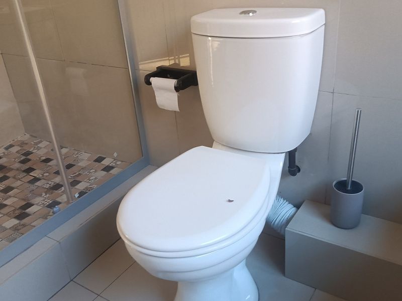 A clean bathroom featuring a modern toilet and a glass-enclosed shower with decorative mosaic floor tiles.