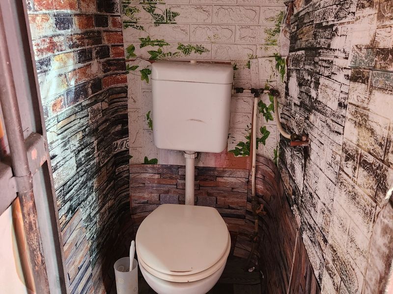 A small bathroom featuring a standard toilet and cistern, currently requiring updates to the wall finishes and overall presentation.