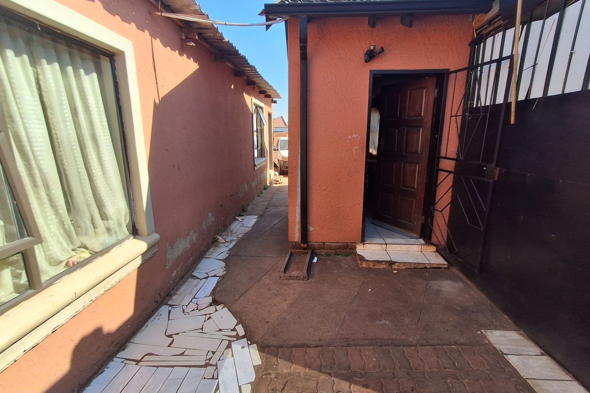 A narrow exterior side passage featuring concrete paving, broken decorative tiling, and access to a rear entrance with a timber door and security gate.