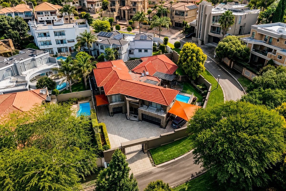 Aerial view of a modern residential property featuring a tiled roof, swimming pool, paved driveway, and secure perimeter wall within a suburban estate.