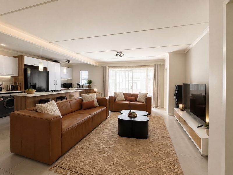 A modern open-plan living area featuring a sleek kitchen with island, tiled floors, and recessed lighting, seamlessly flowing into a comfortable lounge space.