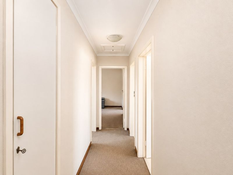 A clean, neutral hallway featuring carpeted flooring, ceiling cornice, and access to multiple rooms, providing a functional transition space within the home.