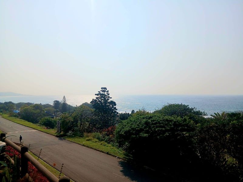 A scenic elevated view overlooking the coastline, featuring lush greenery and a clear view of the ocean horizon.
