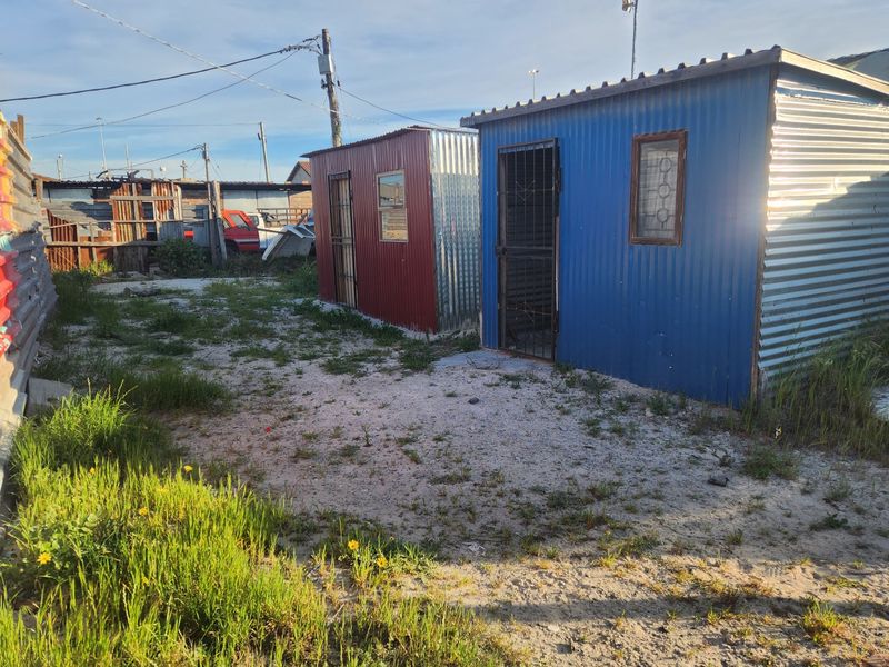 View of the rear yard featuring two corrugated metal structures with security gates and metal window frames on an unpaved lot.