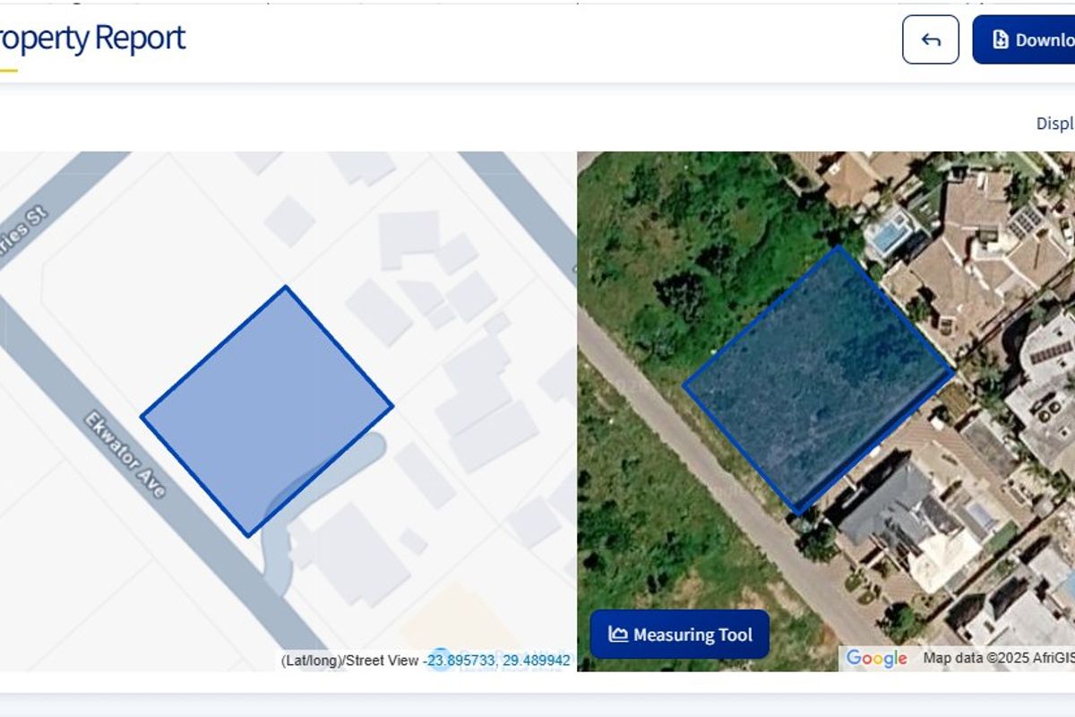 An aerial view showing the vacant residential land plot highlighted on a map and satellite imagery.