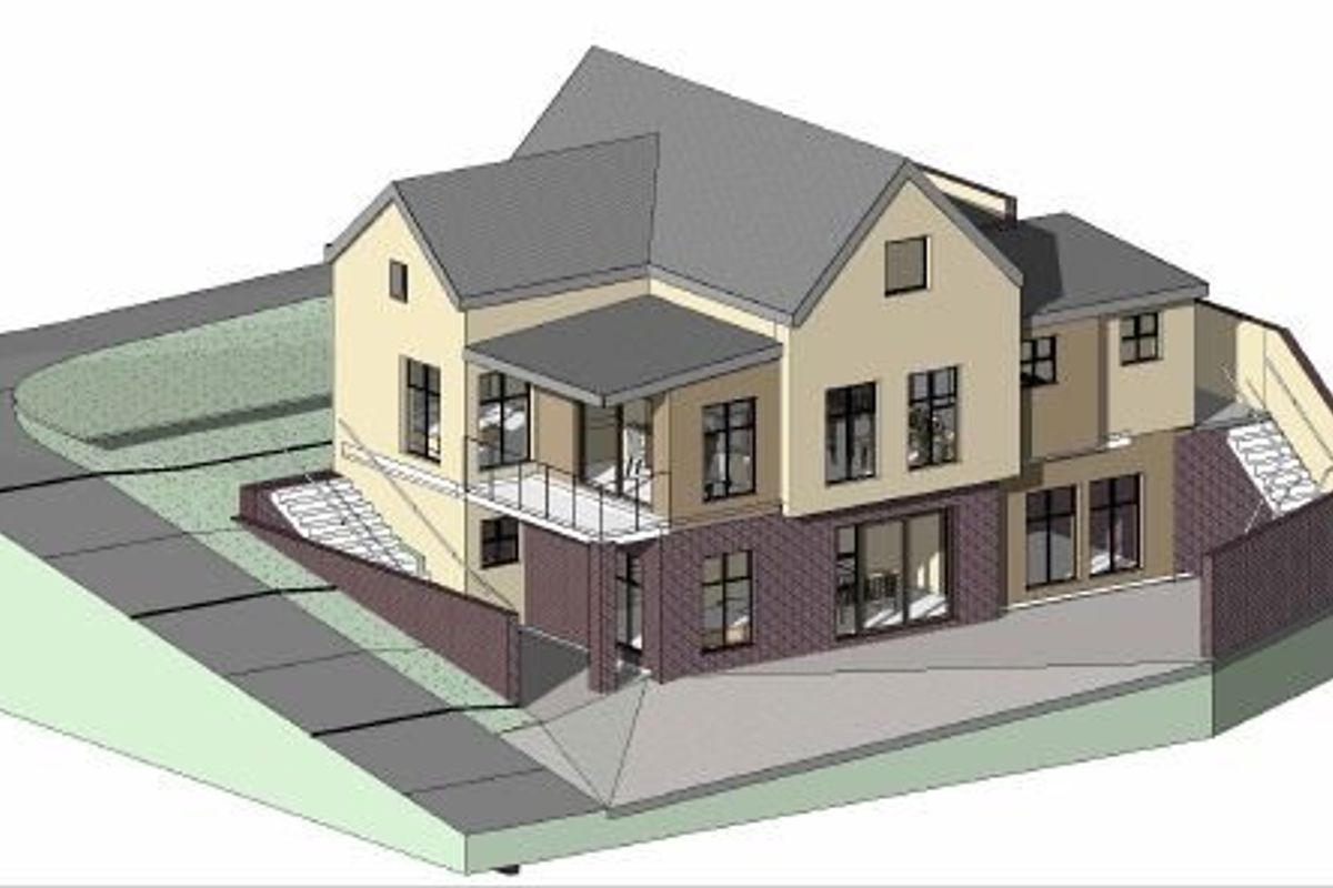 A 3D architectural rendering of a multi-level residential property featuring a pitched roof, balcony, and brick exterior finishes.