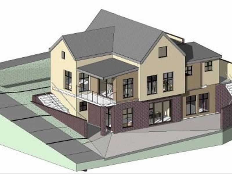 A 3D architectural rendering of a multi-level residential property featuring a pitched roof, balcony, and brick exterior finishes.