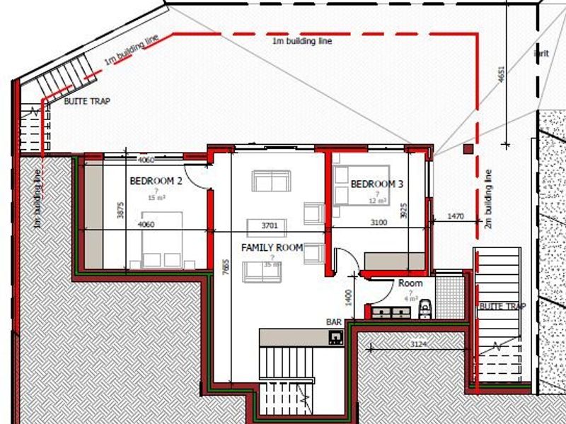 Architectural floor plan showing the layout of the family room, two bedrooms, a small room, and staircase access.
