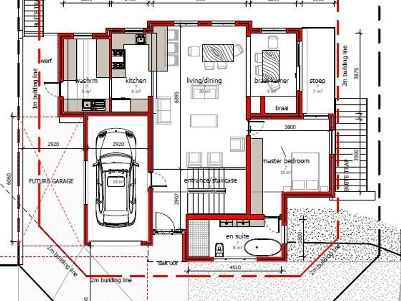 Architectural floor plan showing the ground floor layout including kitchen, living area, garage, master bedroom with en-suite, and outdoor stoep.