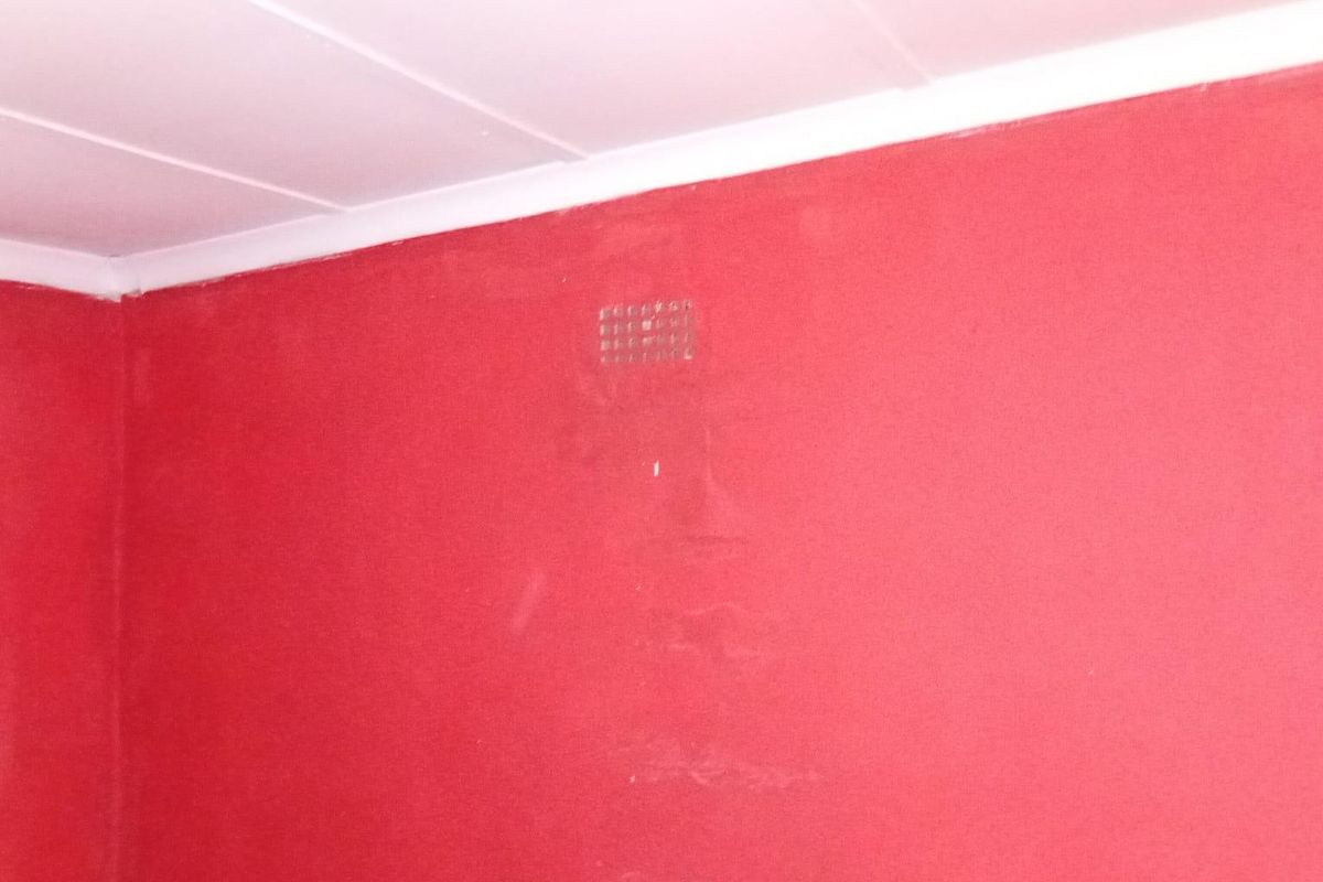 An empty room featuring red painted walls and a white ceiling with cornice detailing.