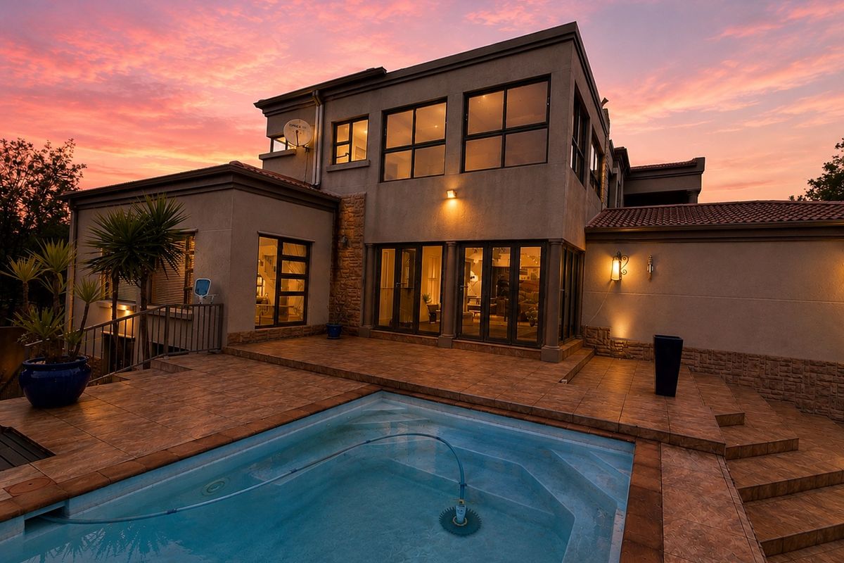 Rear elevation of a multi-story house featuring a tiled patio area, swimming pool, and modern exterior lighting at sunset.