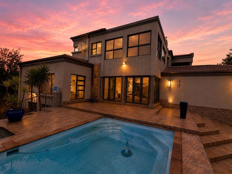 Rear elevation of a multi-story house featuring a tiled patio area, swimming pool, and modern exterior lighting at sunset.