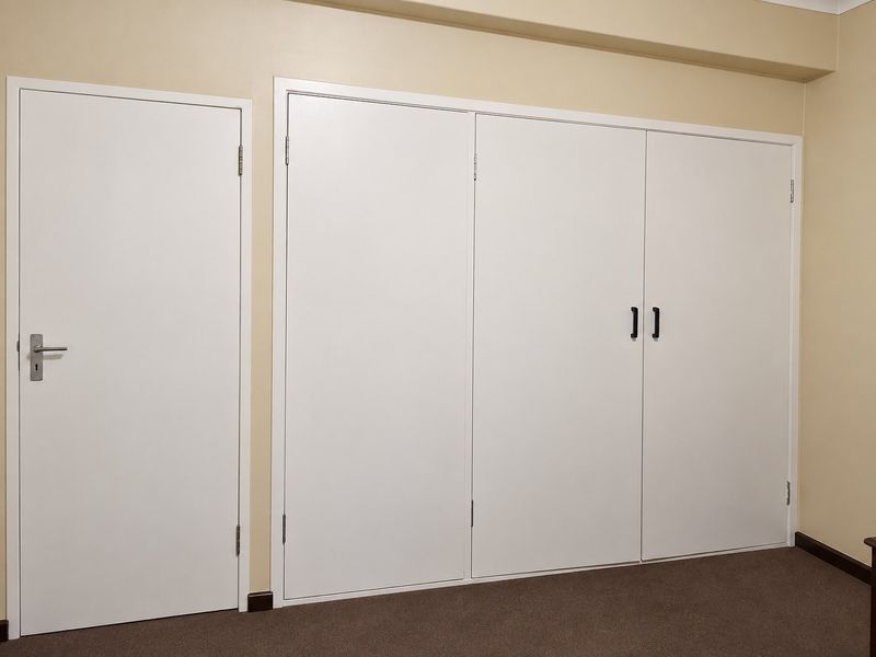 A clean, empty bedroom featuring neutral wall paint, carpeted flooring, and a large built-in wardrobe with white doors.