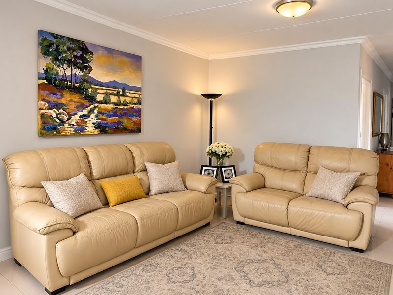 A well-maintained living room featuring neutral tiled flooring, crisp wall finishes, and decorative ceiling cornicing.