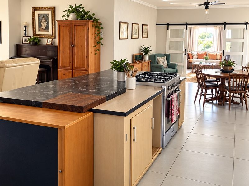 Spacious open-plan living area featuring a central kitchen island with gas hob, tiled flooring, and sliding barn doors leading to an adjacent dining space.