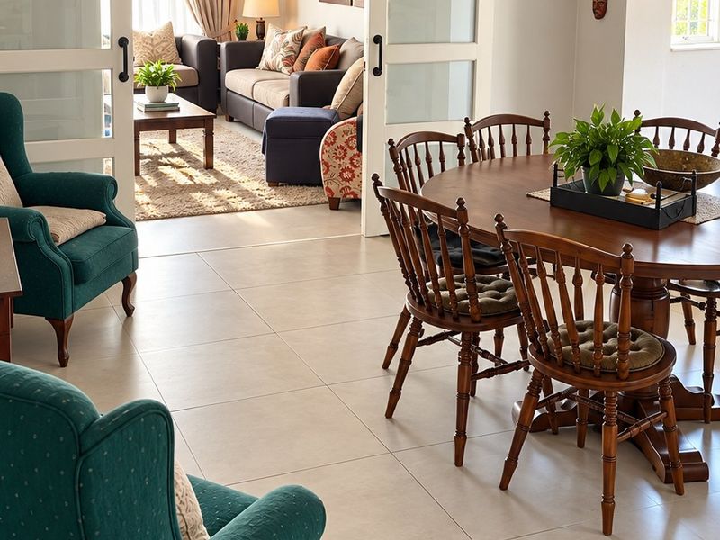 Open plan dining and living area featuring large sliding barn doors, tiled flooring, and a ceiling fan, creating a bright and connected living space.