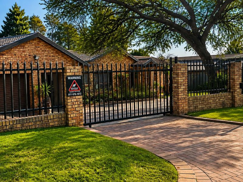Front view of a face brick house featuring a paved driveway, secure metal fencing, and an automated gate entrance.