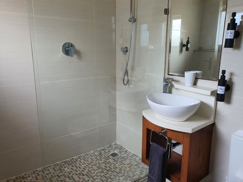 Modern bathroom featuring a walk-in shower with glass screen, mosaic floor tiling, and a contemporary vessel sink set on a wooden vanity cabinet.