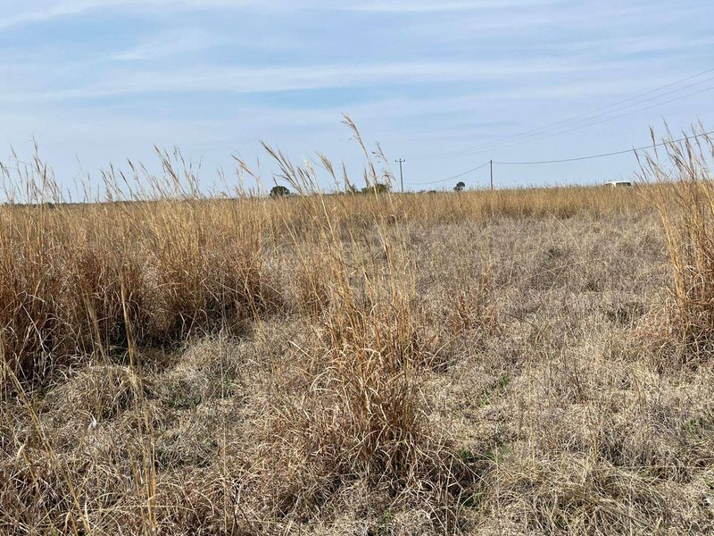 An expansive view of open farm land featuring dry grass and visible overhead power lines stretching across the horizon.