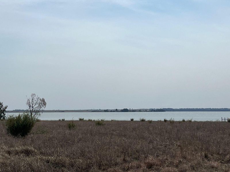 A scenic landscape view overlooking a large body of water and open fields on the farm property.