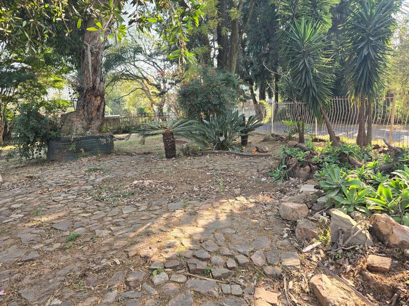 A spacious garden area featuring stone paving, mature trees, and established landscaping, enclosed by metal perimeter fencing.
