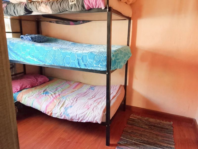 A bedroom featuring laminate flooring and painted walls, currently utilized with a bunk bed setup.