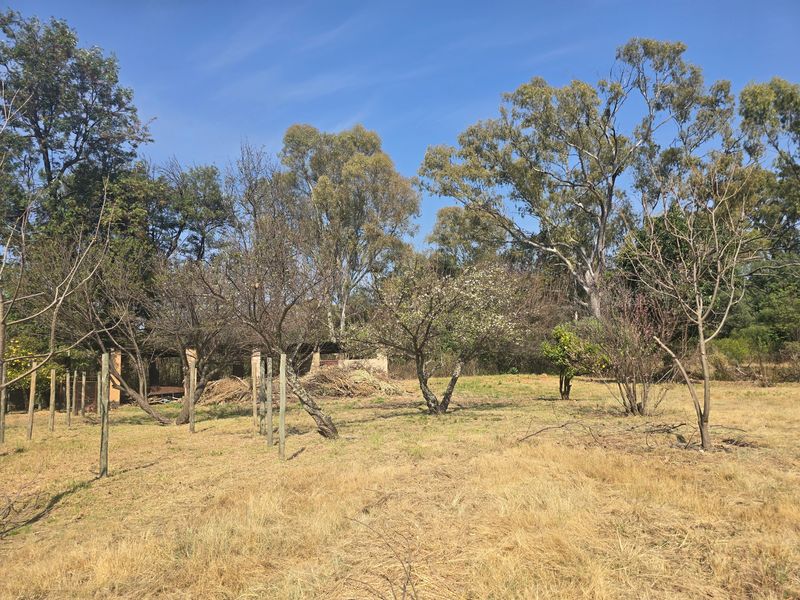 A view of a large, open farm garden area featuring mature trees and wooden fence posts under a clear blue sky.