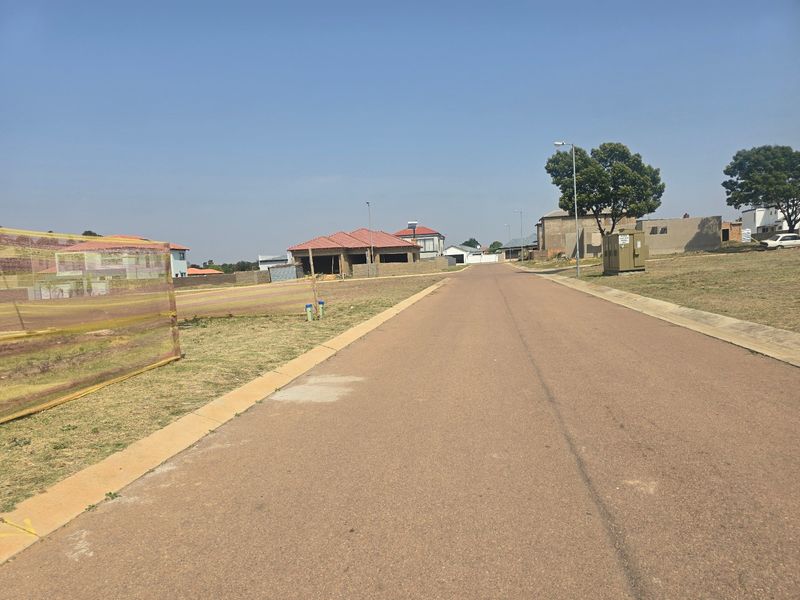 A view of a paved residential street in a developing neighborhood with surrounding vacant plots and nearby construction.