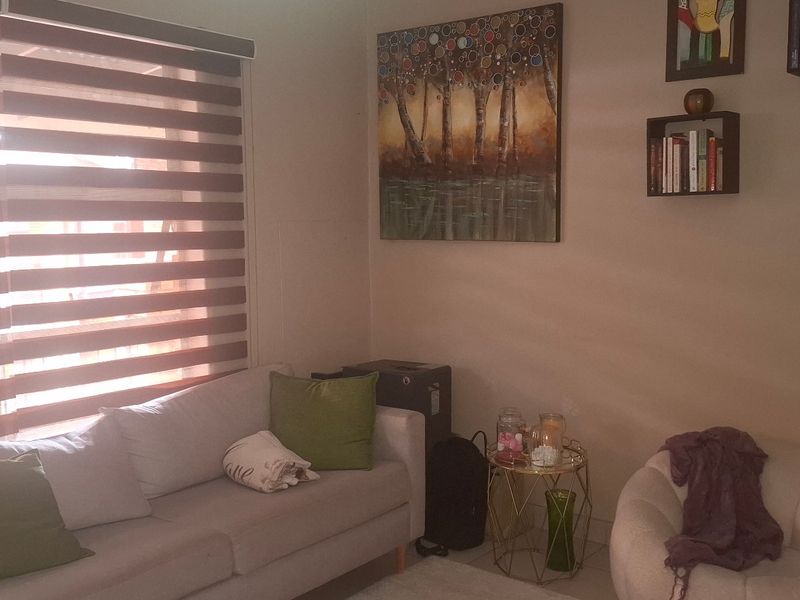 A cozy living room featuring modern zebra blinds, neutral wall tones, and ample natural light, creating a comfortable and inviting atmosphere.