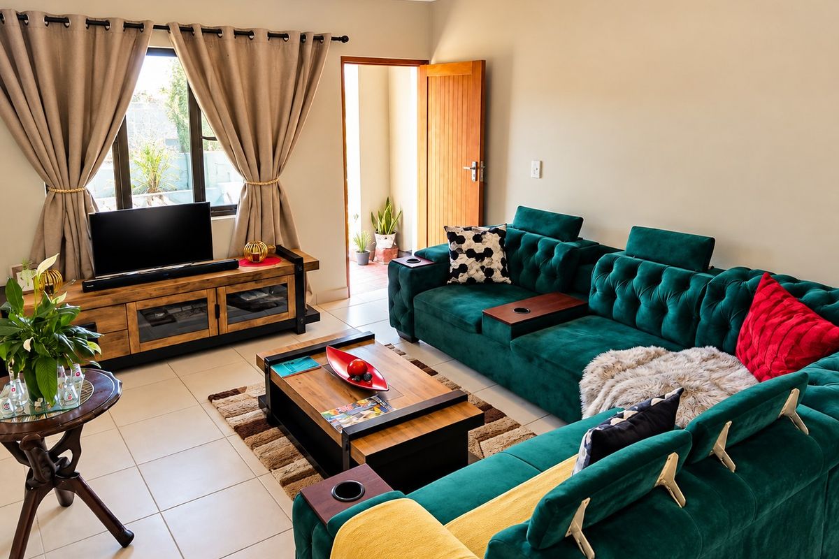 A well-maintained living room featuring neutral wall tones, tiled flooring, and direct access to an outdoor area through a timber door.
