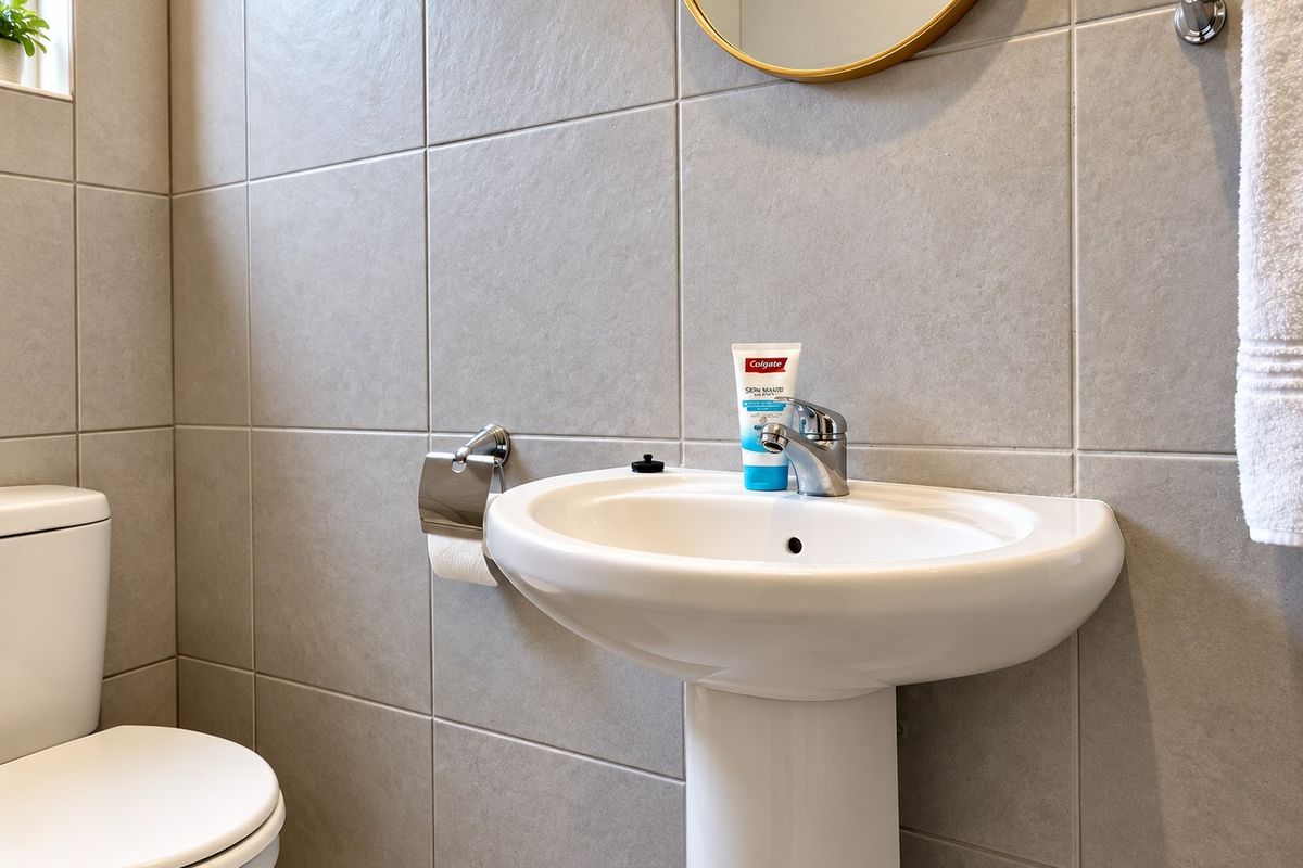 A modern bathroom featuring a pedestal basin with chrome mixer tap, toilet, and neutral ceramic wall tiling.