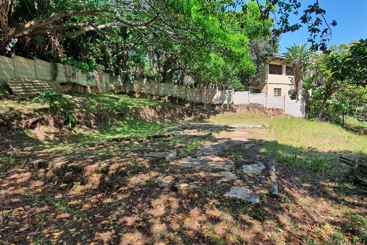 A sloped residential plot featuring mature trees, a precast concrete boundary wall, and a stone retaining wall, offering potential for landscaping or development.
