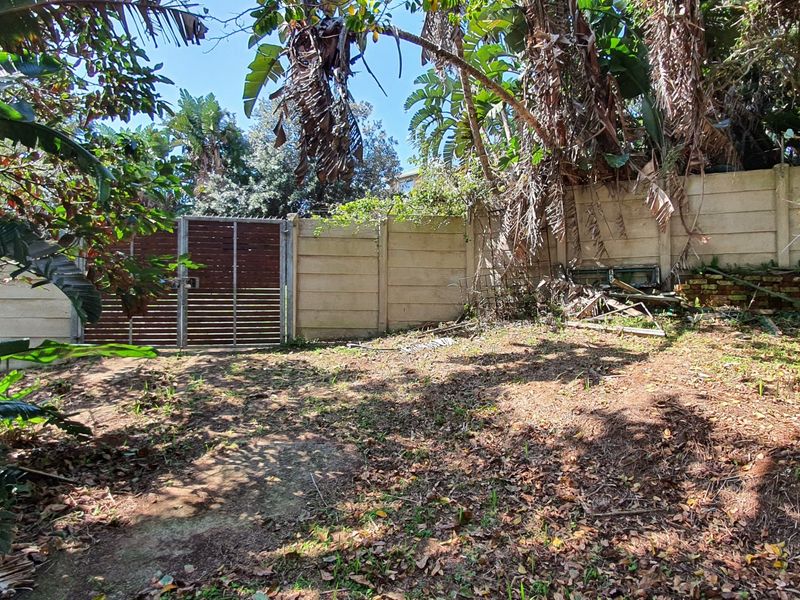 A view of the rear garden area featuring a precast concrete boundary wall, metal gate, and significant overgrown vegetation requiring clearing.