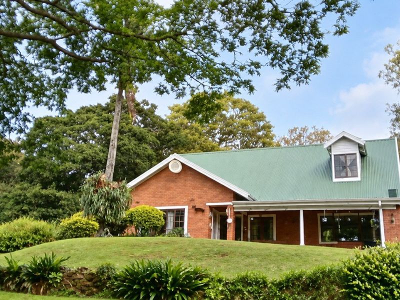 A charming brick house featuring a green corrugated metal roof, a covered veranda, and a well-maintained lawn set against a lush, wooded backdrop.