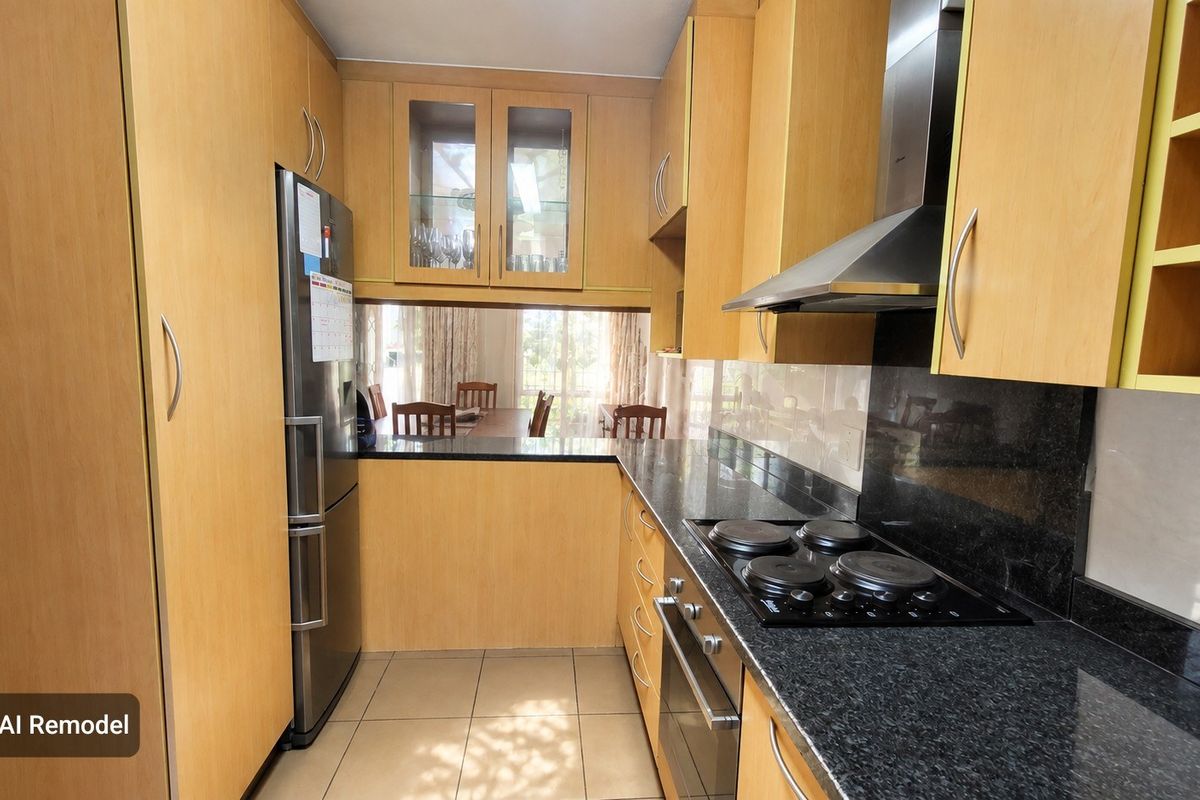 A functional galley-style kitchen featuring light wood cabinetry, dark granite countertops, a built-in oven, and an electric hob with an extractor fan.